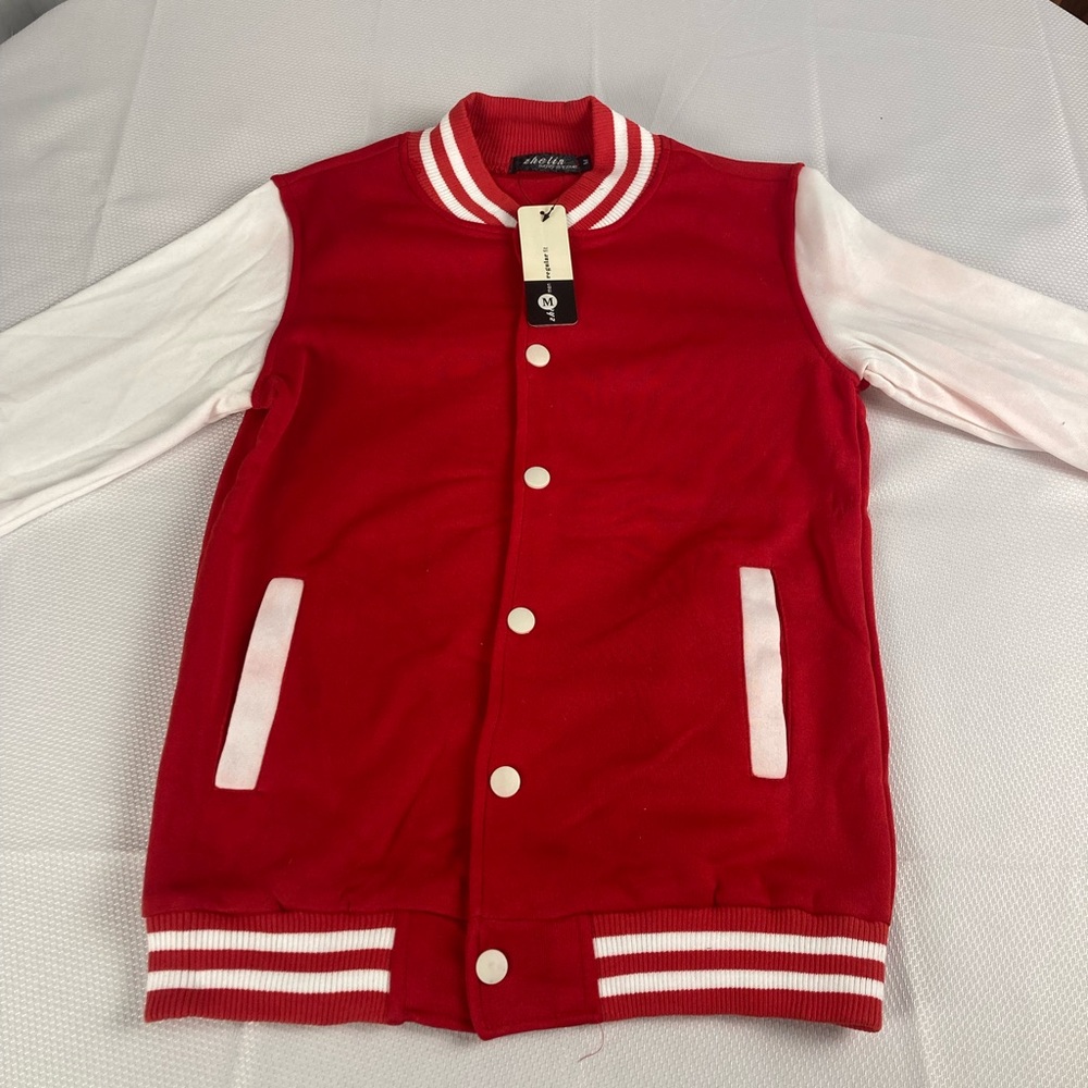 Zhelin Men Red with White Stripes Regular fit Letterman Jacket. Size M.